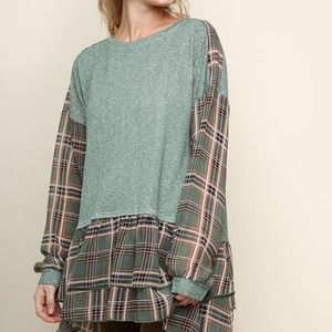 Umgee Womens XL Long Sleeve Heathered Knit Top Plaid Layered Ruffle Hem Bohemian